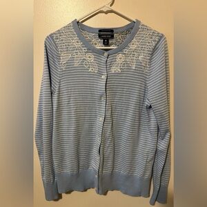 Lands' End Women's Light Blue & white  Cotton Cardigan with embroidered flowers